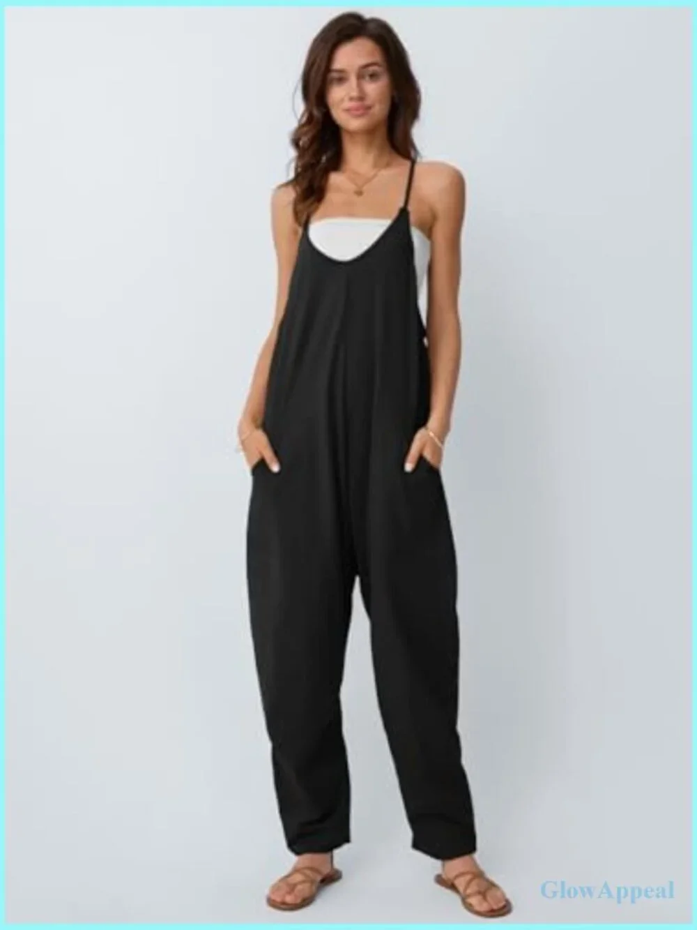 Sleeveless V-Neck Cotton Romper with Side Pockets, Loose Fit Summer Jumpsuit